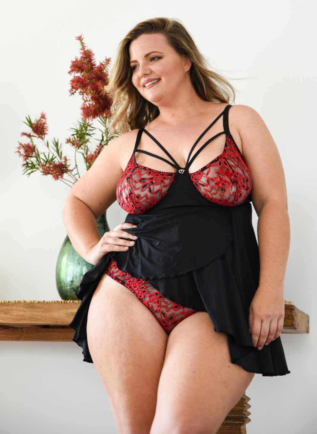 Scarlette Babydoll – plus size lingerie with lace caged bra and soft modal skirt, designed for curvy women by Bella Curves. AU sizes 16–24